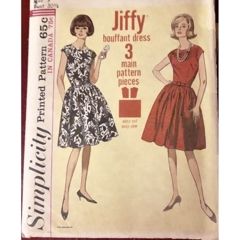 Vintage 1965 Simplicity 6008 Jiffy Dress Sewing Pattern Junior Size 9 Bouffant